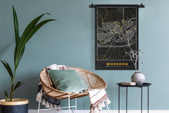Wandkleed - Wanddoek - Plattegrond - Woerden - Goud - Zwart - 60x90 cm - Wandtapijt - Stadskaart