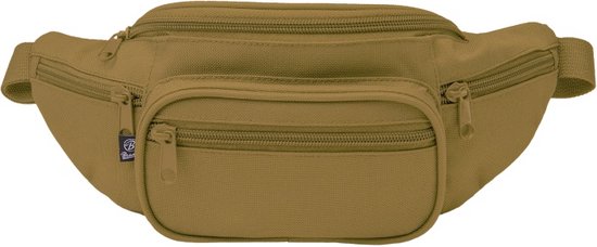 Sac banane marron avec sangle réglable et trois poches zippées.
