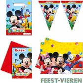 Mickey Mouse verjaardag pakket uitnodigingen, vlaggetjesslinger, tafelkleed en uitdeelzakjes