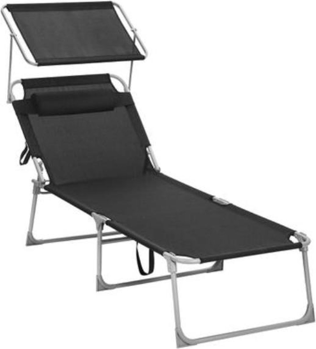 Segenn's Ligstoel - Met zonnekap - Tuin - Met Hoodkussen - Extra groot - 71 x 200 x 38 cm - Zwart -belastbaar tot 150 kg