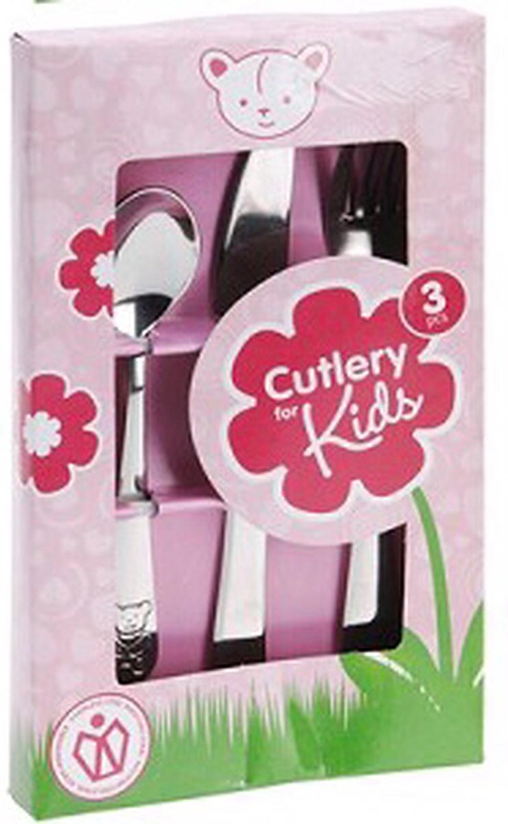Kinder Bestekset met beer 3 delig rvs 115x19x197mm Roze Kinder Bestekset met beer 3 delig rvs 115x19x197mm Roze