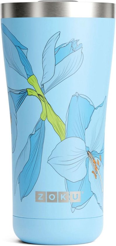 Thermosbeker RVS, 550 ml, Blauw Bloem Design, 3-in-1 - Zoku