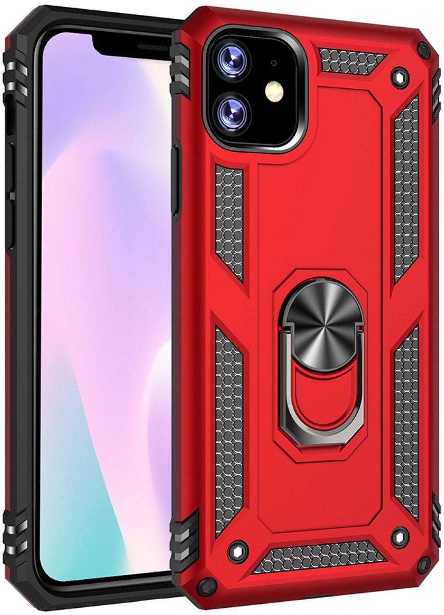 Ntech hoesje Geschikt voor iPhone 11 Armor Ringhouder TPU - Rood