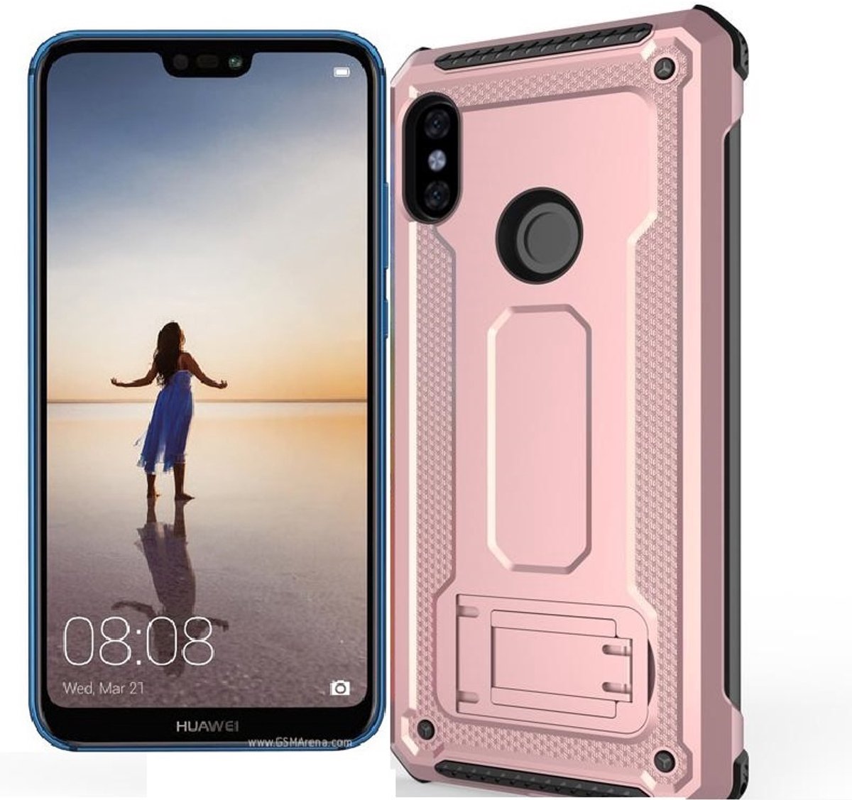 Ntech Hoesje Geschikt voor Huawei P20 Lite Armor hoesje met Kickstand Rose Goud