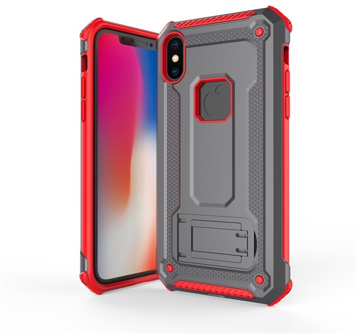 Ntech hoesje Geschikt voor iPhone Xs Max - Armor Hoesje met Sta-Functi - Grijs & Rood