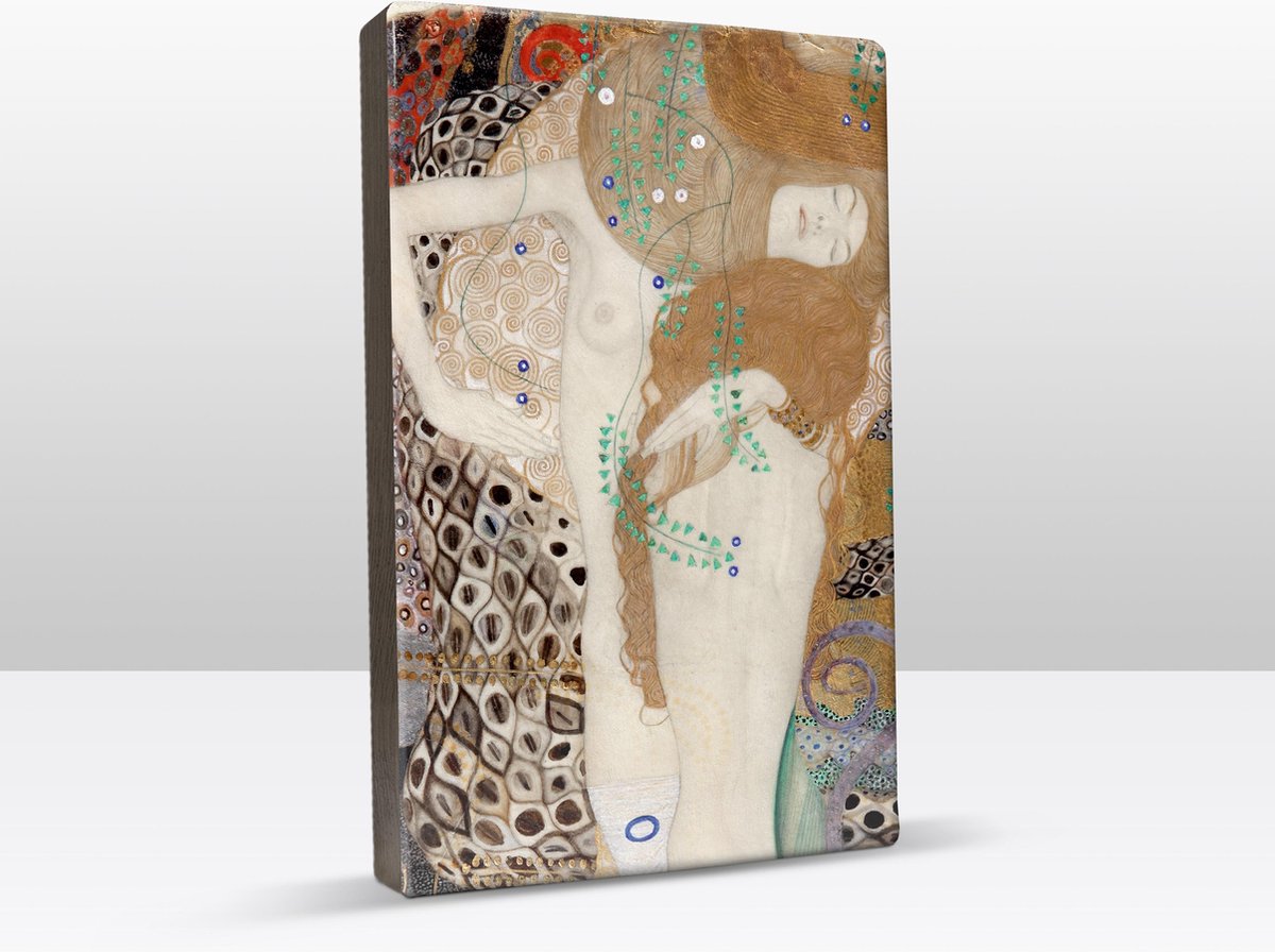 Vrienden ( Waterslang) Detail - Gustav Klimt - 19,5 x 30 cm - Niet van echt te onderscheiden schilderijtje op hout - Mooier dan een print op canvas - Laqueprint.