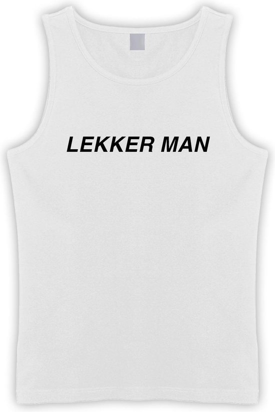 Witte Tanktop sportshirt met Zwarte “ Lekker Man “ Print Size M