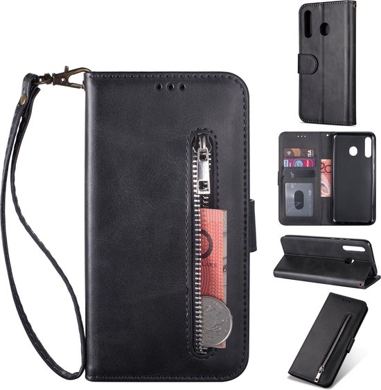 Vue d'ensemble de l'étui de téléphone noir avec dragonne, fermeture éclair, porte-cartes et fonction support.