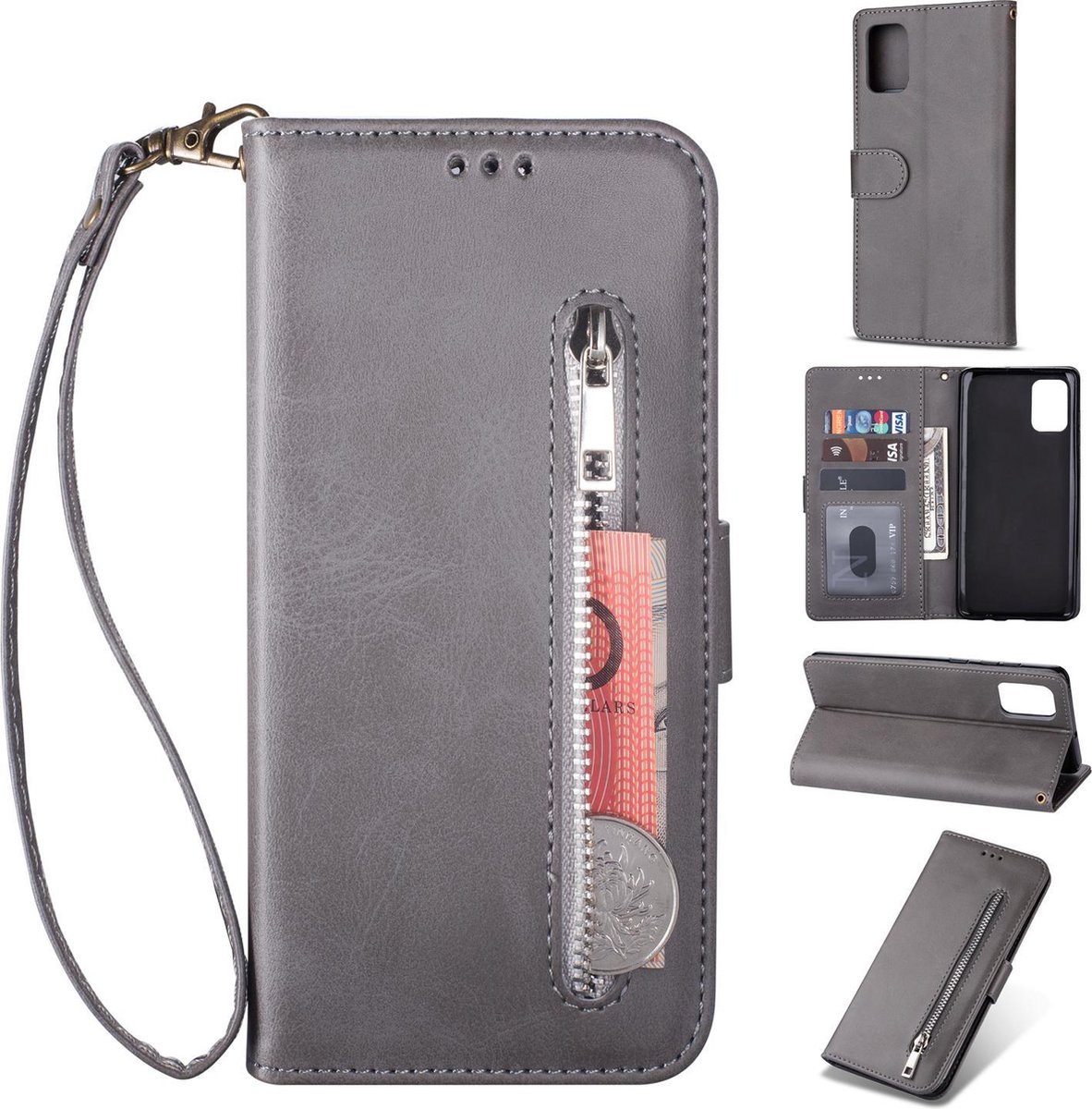 Luxe Telefoonhoesje voor Samsung Galaxy A71 | Hoogwaardig Leren Bookcase | Lederen Wallet Case | Pasjeshouder | Portemonnee | Rits | Grijs