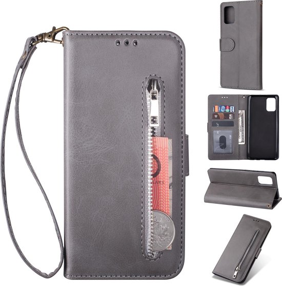 Étui de téléphone gris avec dragonne, poche zippée, porte-cartes et fonction support.