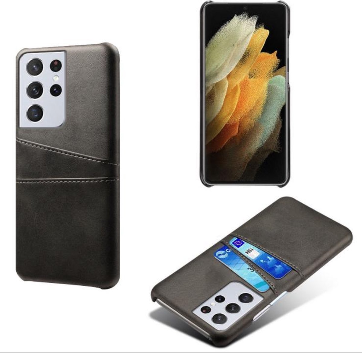 Backcover met Opbergvakjes + PMMA Screenprotector voor Galaxy S21 Ultra 5G _ Zwart