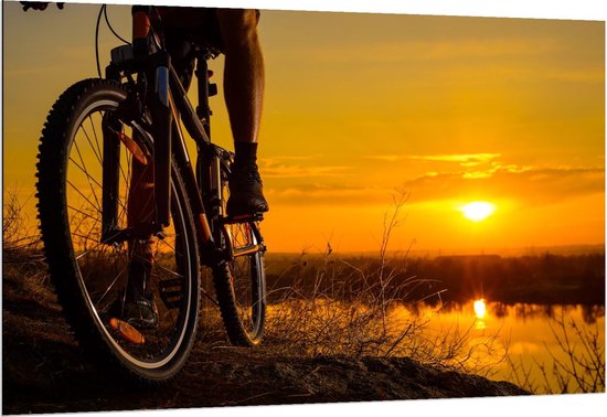 Dibond - Man op Mountainbike bij Zonsondergang - 150x100cm Foto op Aluminium (Met Ophangsysteem)