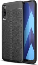 Samsung A70 Hoesje Shock Proof Siliconen Hoes Case | Back Cover TPU met Leren Textuur - Zwart