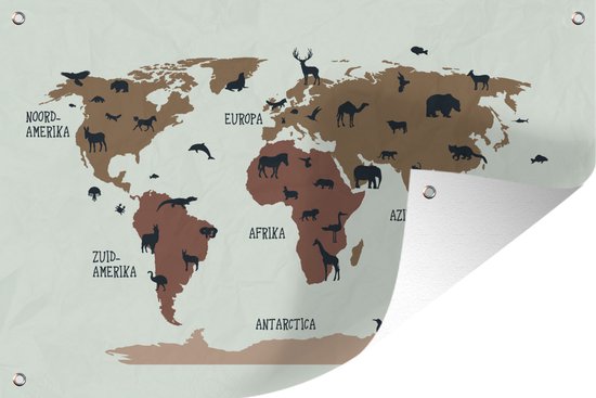 Carte du monde simple avec des animaux aux couleurs flexa Poster de jardin 180x120 cm XXL / Groot format!