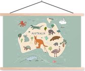 Posterhanger incl. Poster - Schoolplaat - Dieren - Australië - Wereldkaart - Kinderen - Jongens - Blauw - Kids - 150x100 cm - Blanke latten