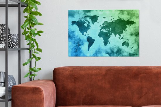Wereldkaart avec peinture bleue qui passe au vert sur fond avec motif texturé 60x40 cm