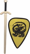 roofridderzwaard met ridderschild geel met draak kinderzwaard houten zwaard ridder schild