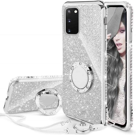 Coque de téléphone argentée à paillettes pour Samsung Galaxy A32 avec support anneau et bordure strass.