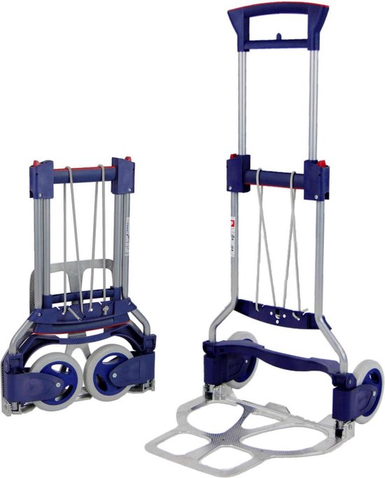 Blauwe en aluminium inklapbare steekwagen in uitgevouwen en ingeklapte toestand. Maximale draagvermogen 125 kg.