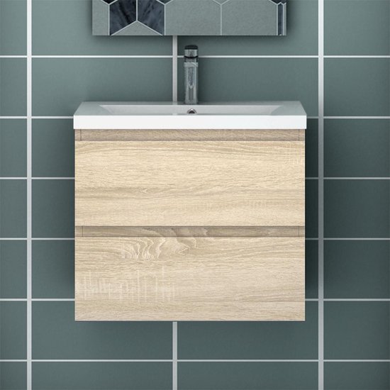 Meuble de salle de bain couleur chêne vasque 50 cm avec socle, comprenant 2  tiroirs... | bol.com