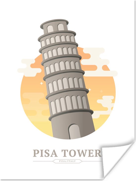 Poster tekening van de Toren van Pisa voor een oranje cirkel – 30×40 cm
