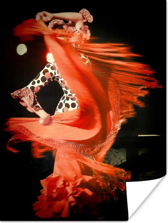 Danser die de flamenco doet voor een zwarte achtergrond poster 60x80 cm - Foto print op Poster (wanddecoratie woonkamer / slaapkamer)