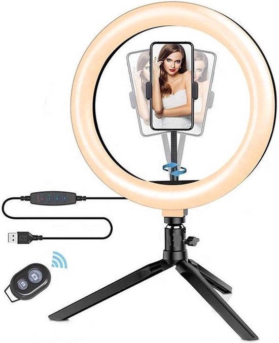 FEDEC Tripod met 10 Inch verlichtingsring - Met microfoon, tripod en smartphonehouder - Met afstandsbediening