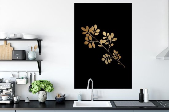 Branche à feuilles ovales dorées sur fond noir 80x120 cm
