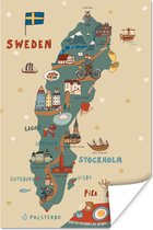 Poster Illustratie Scandinavië met de landkaart van Zweden en een eland - 20x30 cm