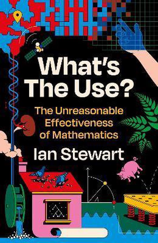 Couverture du livre "What's The Use?" avec des illustrations de concepts mathématiques comme un rein, un cochon sur un trampoline et une maison avec des pigeons.