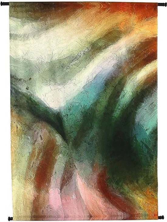 Abstract wandkleed met golvende banen in groen, oranje, wit en bruin.