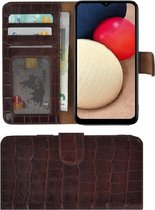 Samsung Galaxy A02s Hoesje - Bookcase - Samsung A02s Hoesje Book Case Portemonnee Wallet Echt Leder Croco Bruin Cover