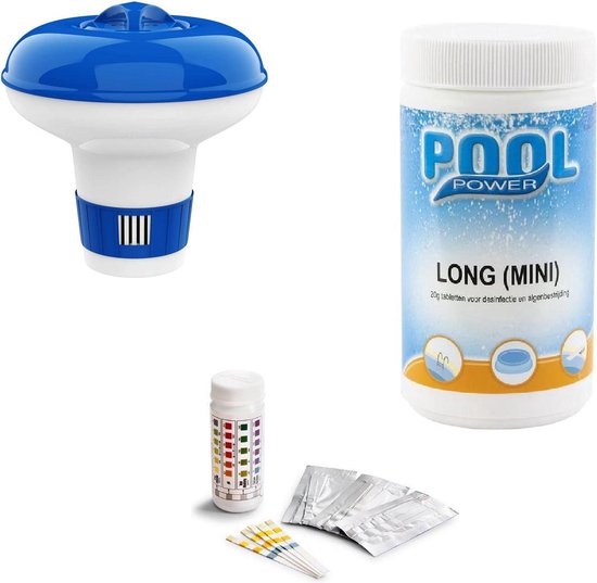 Zwembadonderhoud Bundelpakket Comfortpool Zwembad test strips PH waarde en Chloor - 3 in 1 - 50 strips - Watertester - Teststrips & Poolpower long (mini) - 20 grams chloortabletten - 1 kg & Chloordrijver