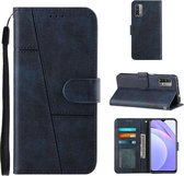 Voor Xiaomi Redmi 9T Stiksels Kalfs Textuur Gesp Horizontale Flip Leren Case met Houder & Kaartsleuven & Portemonnee & Lanyard (Blauw)