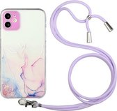 Holle marmeren patroon TPU schokbestendige beschermhoes met nekriem touw voor iPhone 12 mini (roze)