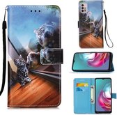 Voor Motorola Moto G30 / G10 / G10 Power Gekleurde tekening Patroon Plain Weave Horizontale Flip lederen tas met houder & kaartsleuf & portemonnee & lanyard (Mirror Cat)