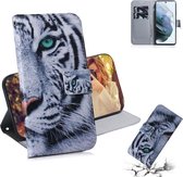 Voor Samsung Galaxy S21 FE Gekleurde tekening Horizontale flip lederen tas, met houder en kaartsleuven en portemonnee (tijger)