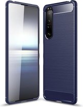 Voor Sony Xperia 1 III geborstelde textuur koolstofvezel TPU-hoes (marineblauw)