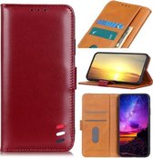 Voor Samsung Galaxy A22 4G (EU-versie) 3-kleuren pareltextuur magnetische gesp Horizontale flip PU lederen tas met kaartsleuven & portemonnee & houder (wijn)