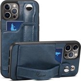 TPU + PU lederen schokbestendige beschermhoes met kaartsleuven en draagriem voor Apple iPhone 12 Pro Max (blauw)