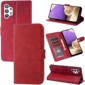 Voor Samsung Galaxy A32 5G Reliëf Gelukkig Kat Patroon Horizontale Flip Lederen Case met Houder & Kaartsleuven & Portemonnee (Rood)