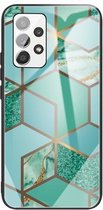 Voor Samsung Galaxy A32 5G Abstract Marble Pattern Glass beschermhoes (Rhombus Green)