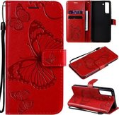 Voor Samsung Galaxy S21 FE Geperst afdrukken Vlinderpatroon Horizontale flip PU lederen tas met houder & kaartsleuven & portemonnee & lanyard (rood)