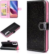 Voor Samsung Galaxy A02s (EU-versie) Glitterpoeder Horizontale flip lederen tas met kaartsleuven & houder & fotolijst & portemonnee (zwart)