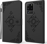 Voor Samsung Galaxy S20 Ultra Reliëf Fortuin Bloem Patroon Horizontale Flip Leren Case met Houder & Kaartsleuf & Portemonnee & Lanyard (Zwart)