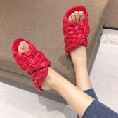 Dames zomersandalen met open teen, geweven platte slippers, maat: 38 (rood)