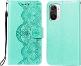 Voor Xiaomi Redmi K40 Flower Vine Embossing Pattern Horizontale Flip Leather Case met Card Slot & Holder & Wallet & Lanyard (Green)