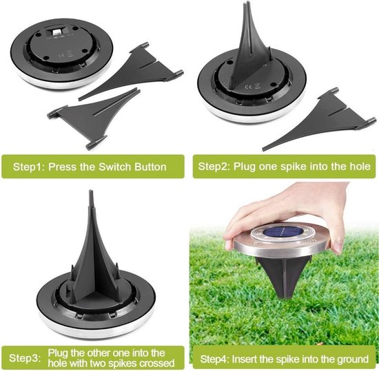 Installatiehandleiding: 1. Druk op de knop. 2. Plaats de eerste pin. 3. Plaats de tweede pin gekruist. 4. Steek in de grond.