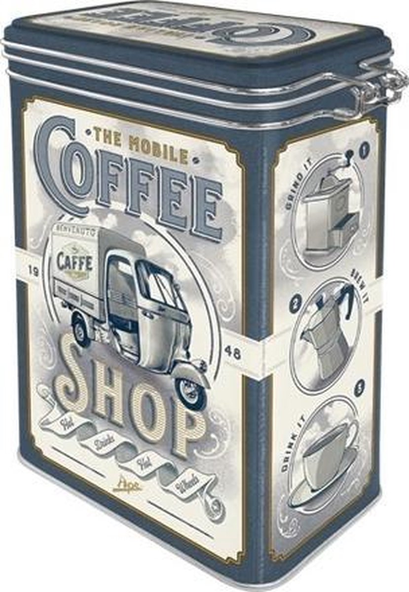The Mobile Coffee Shop Bewaarblik, Met Beugelsluiting 11 cm 8 cm 18 cm.