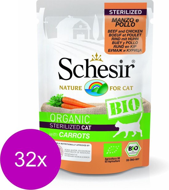 Schesir Kat Bio Pouch 85 g - Kattenvoer - 32 x Rund&Kip&Wortel